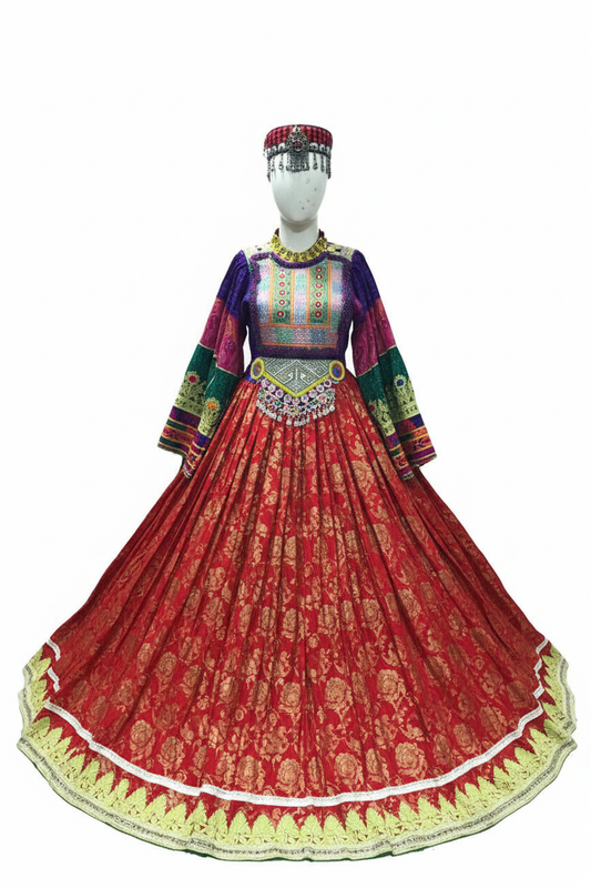 Afghan Kuchi Red Brocade Circular Dress Yellow-Green Border - studio white background