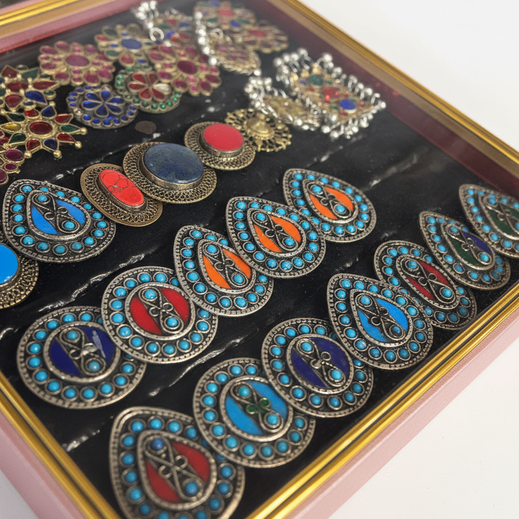 Detailed studio view of assorted Afghani rings from the right side