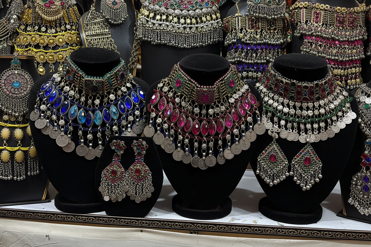 Afghan tribal jewelry collection – front view black background