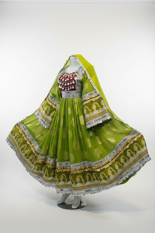 Afghan Kuchi Dress Olive Green - Side View