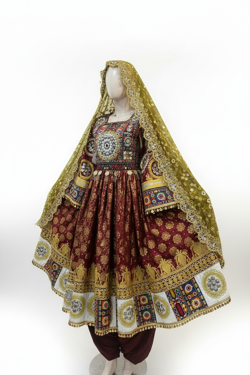Afghan bridal dress maroon gold studio right angle