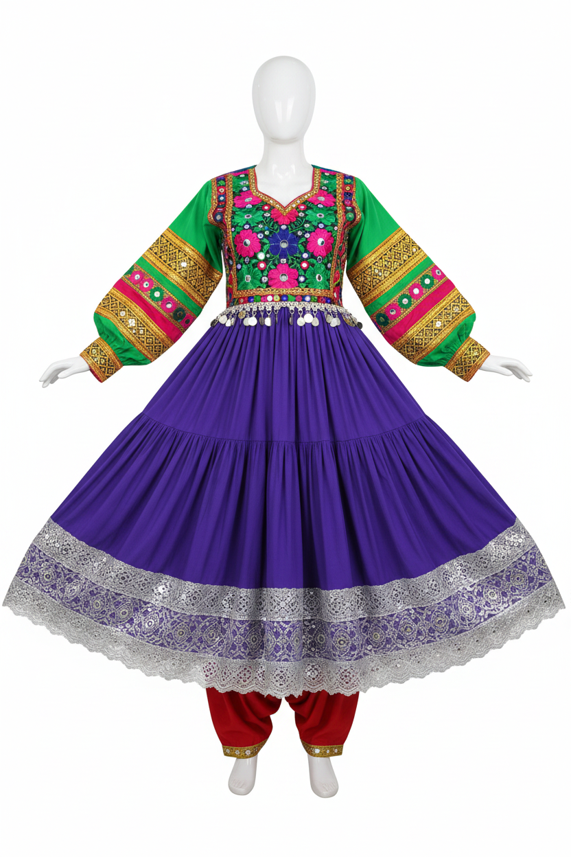 Afghan Kuchi Royal Purple Flared Dress - studio white background