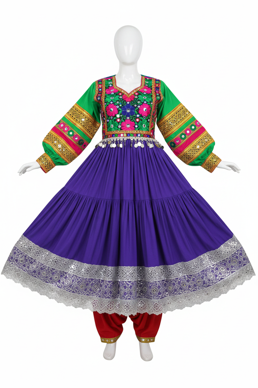 Afghan Kuchi Royal Purple Flared Dress - studio white background