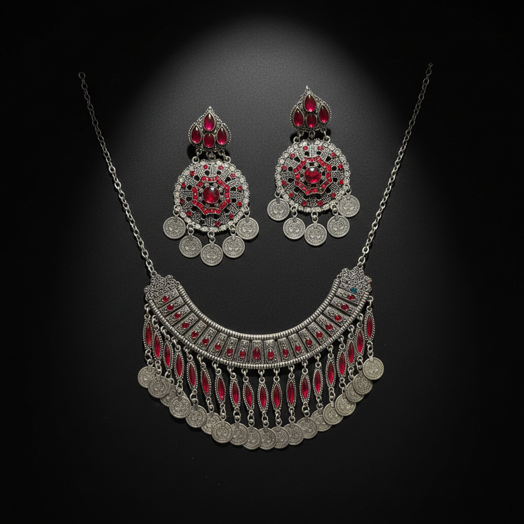 Afghan silver jewelry set – red ruby black background