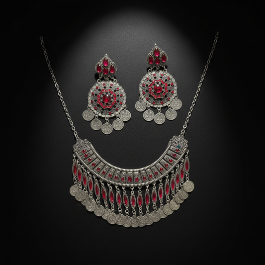 Afghan silver jewelry set – red ruby black background