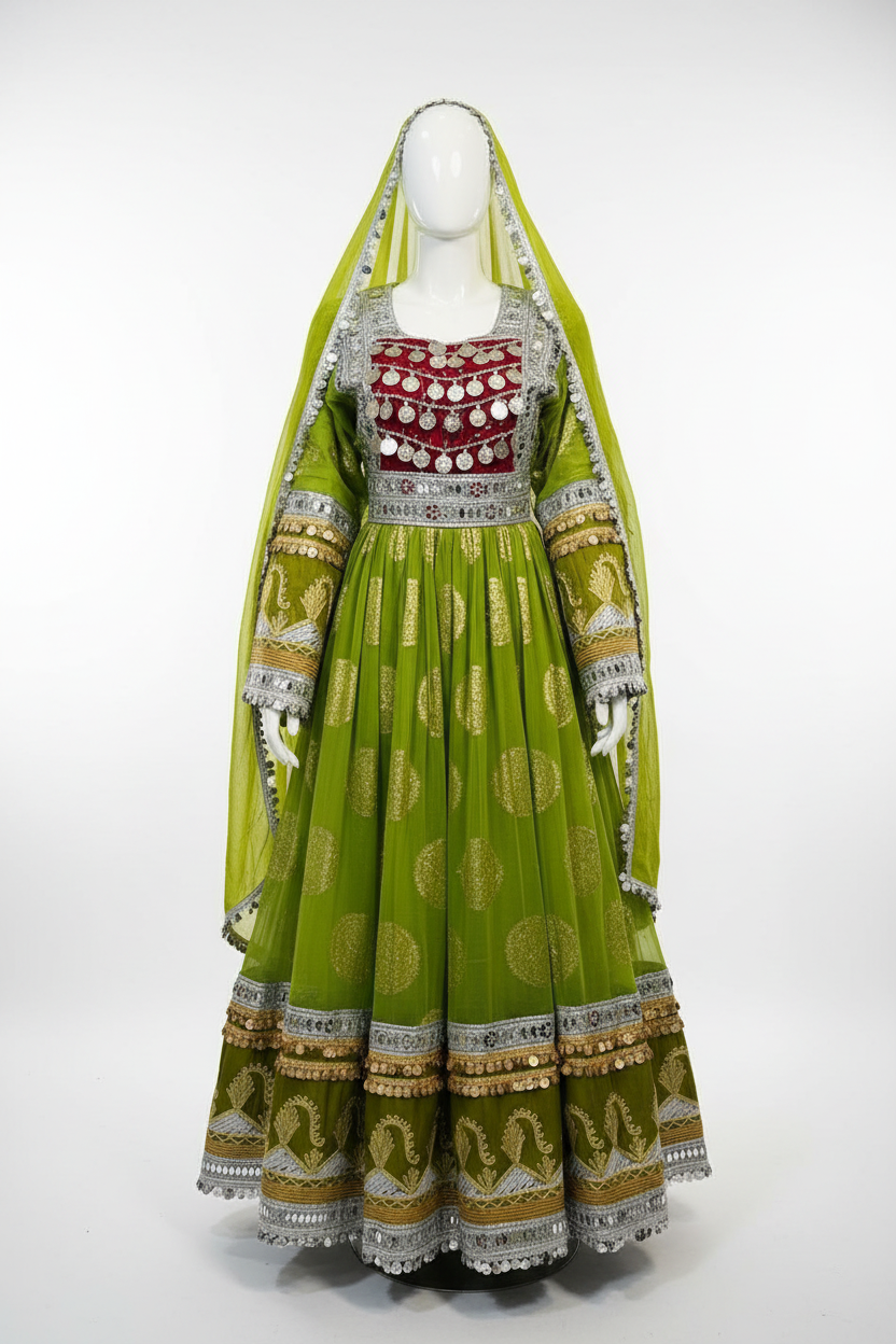 Afghan Kuchi Dress Olive Green - Front View