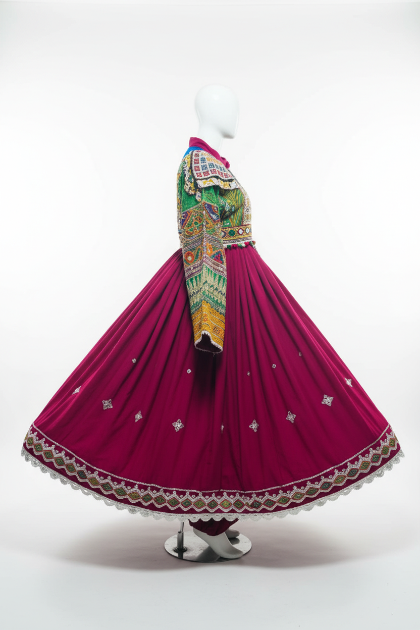 Afghan Kuchi Magenta Flared Dress - Side studio view