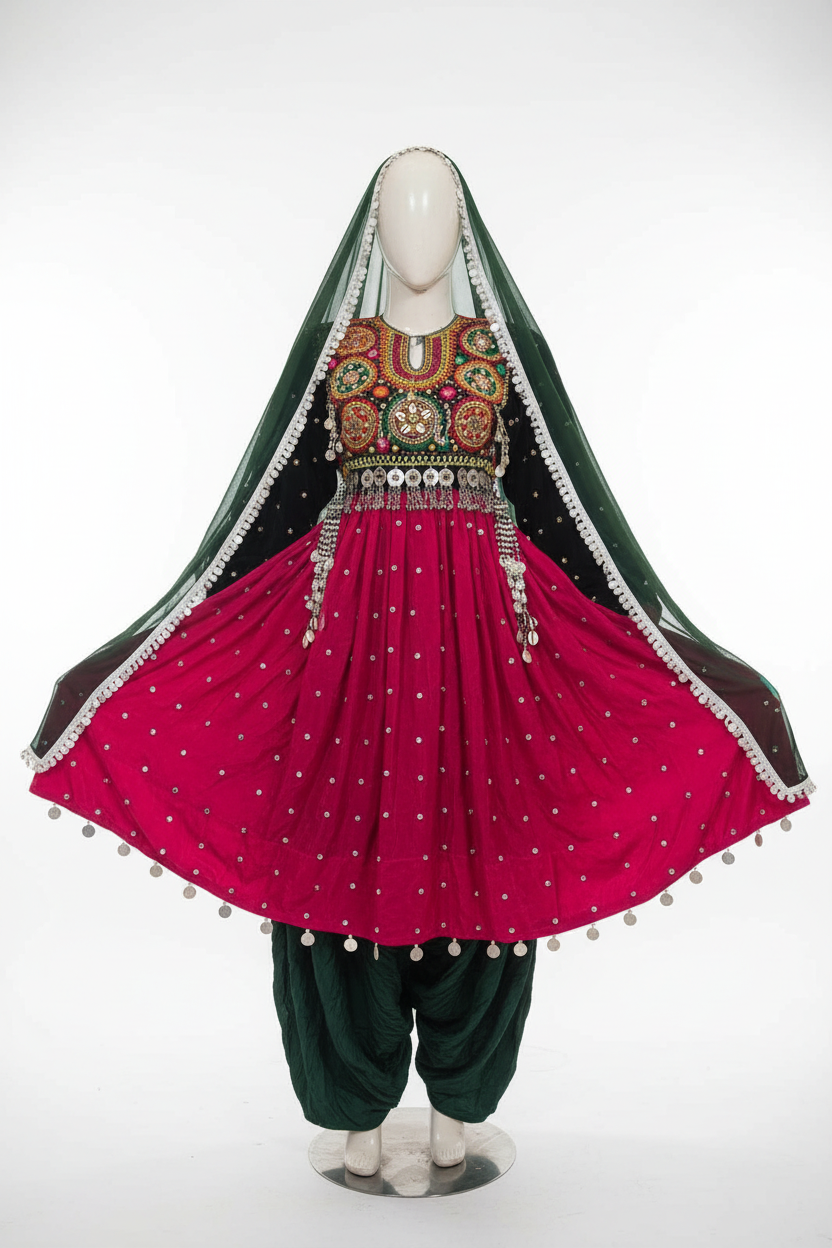 Afghan bridal dress crimson green studio front view