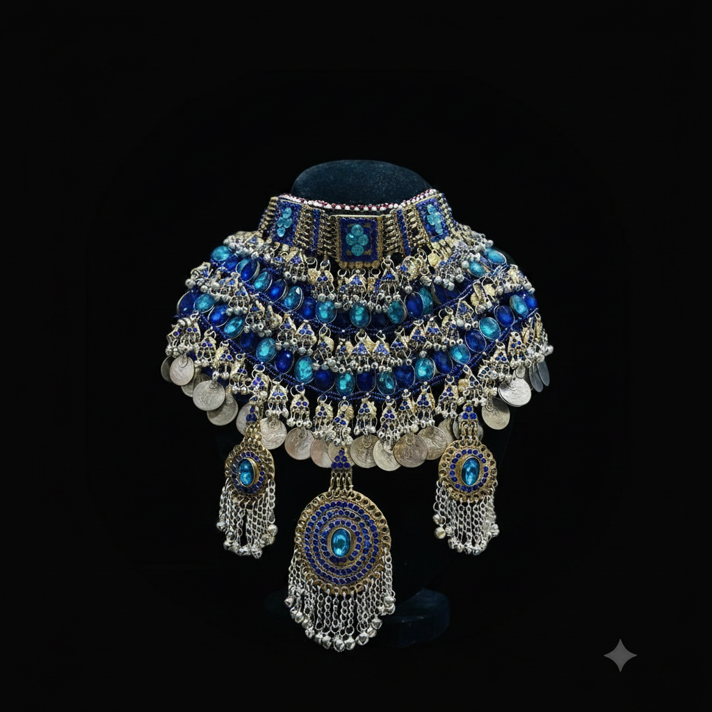 Afghan Bridal Choker – Blue Teal on Black Background