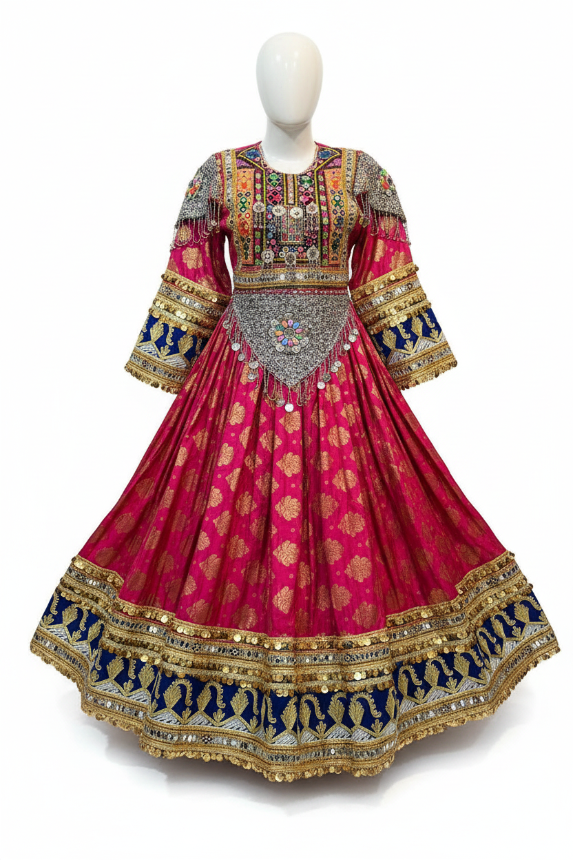 Afghan bridal dress magenta navy gold studio front view