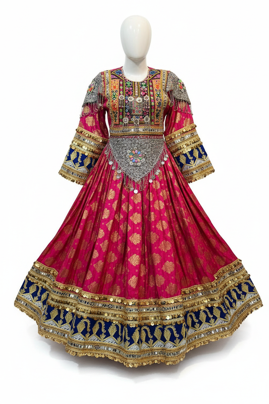 Afghan bridal dress magenta navy gold studio front view
