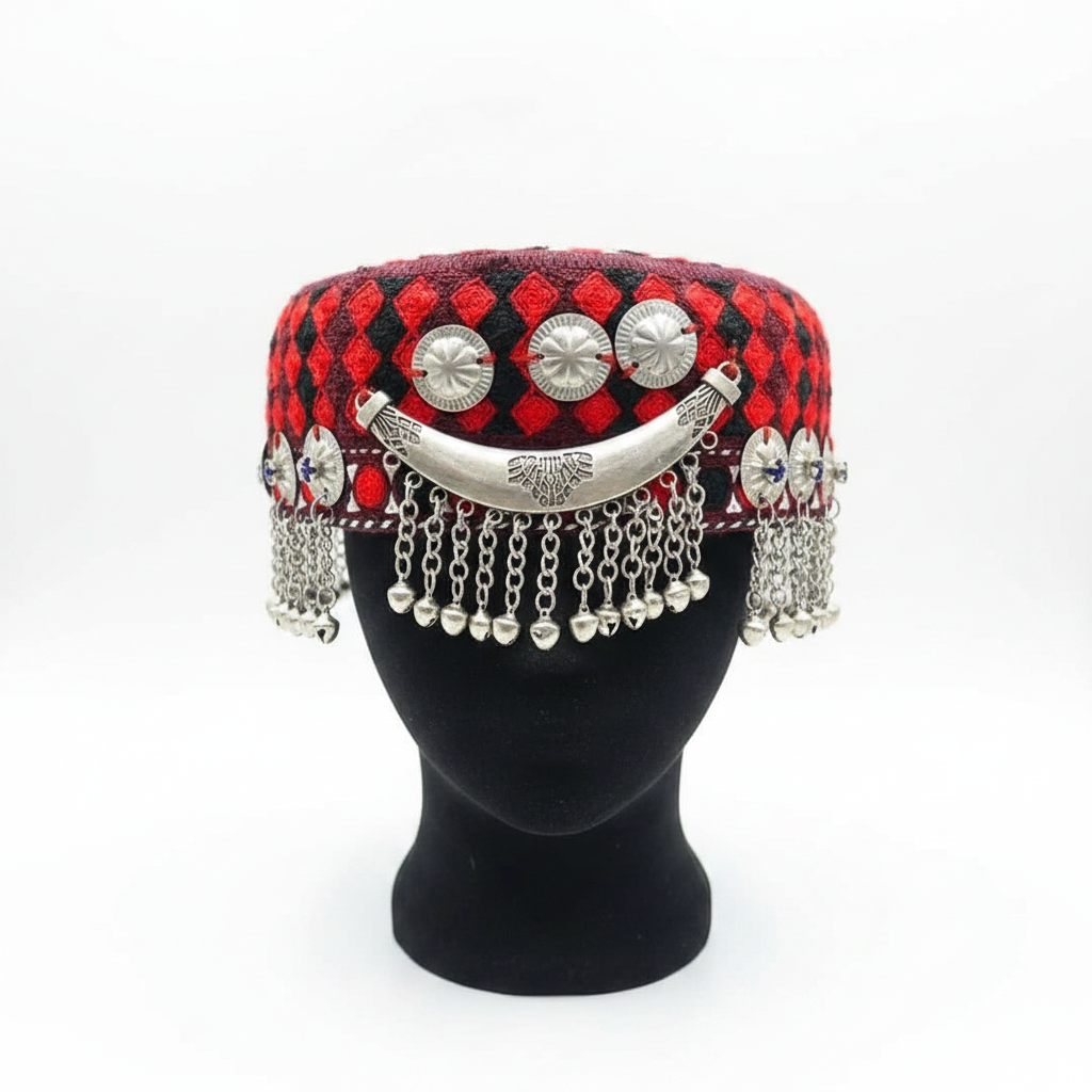 Afghani Kuchi Cap Red Black - Front Studio