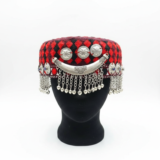 Afghani Kuchi Cap Red Black - Front Studio