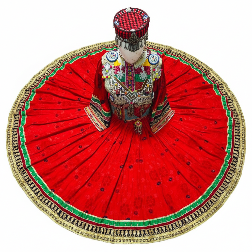 Afghan Kuchi Red Circular Flared Dress - Top view skirt spread