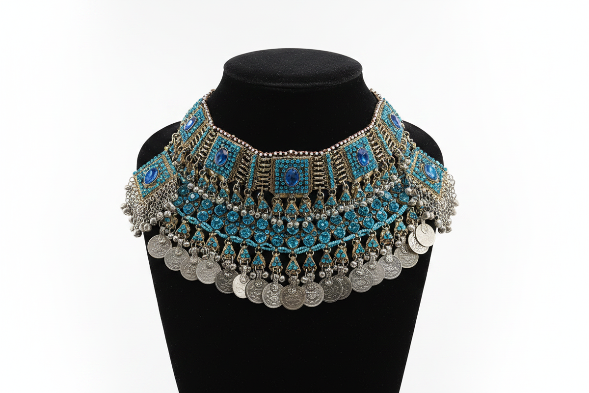 Afghan Blue Gemstone Choker & Earrings Set – studio photo