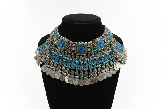 Afghan Blue Gemstone Choker & Earrings Set – studio photo