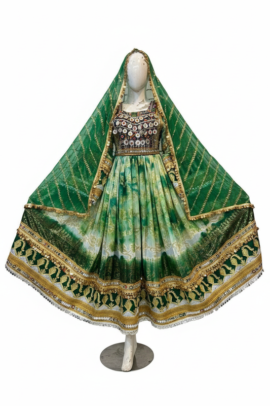 Afghan Multi-Tone Green Kuchi Dress - Front Studio View