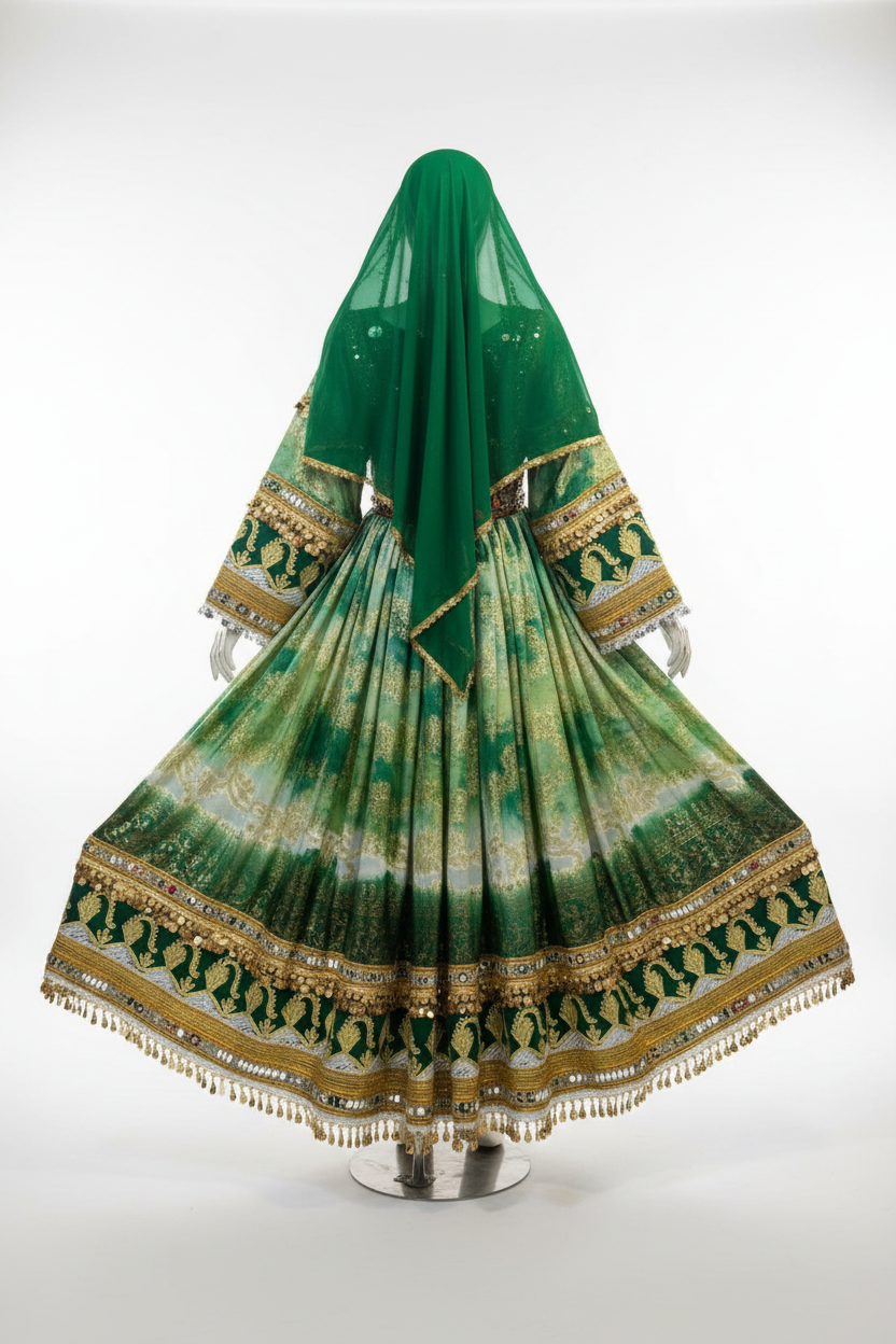 Afghan Multi-Tone Green Kuchi Dress - Back Studio View