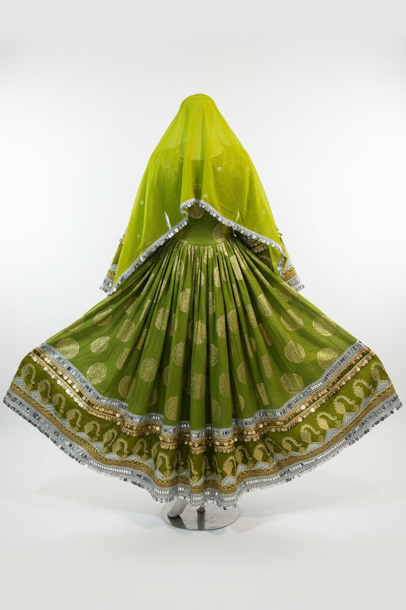 Afghan Kuchi Dress Olive Green - Back View
