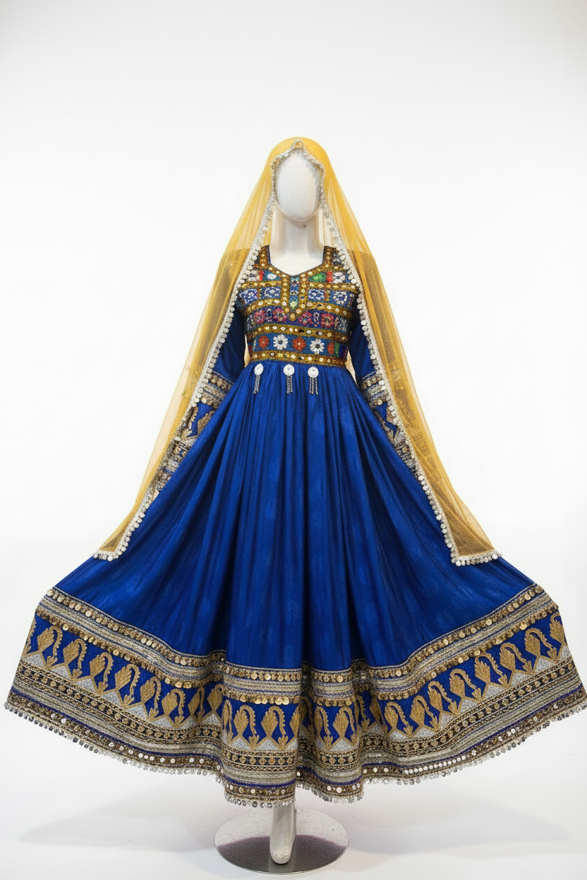Afghan bridal dress in royal blue brocade with golden dupatta, studio photography