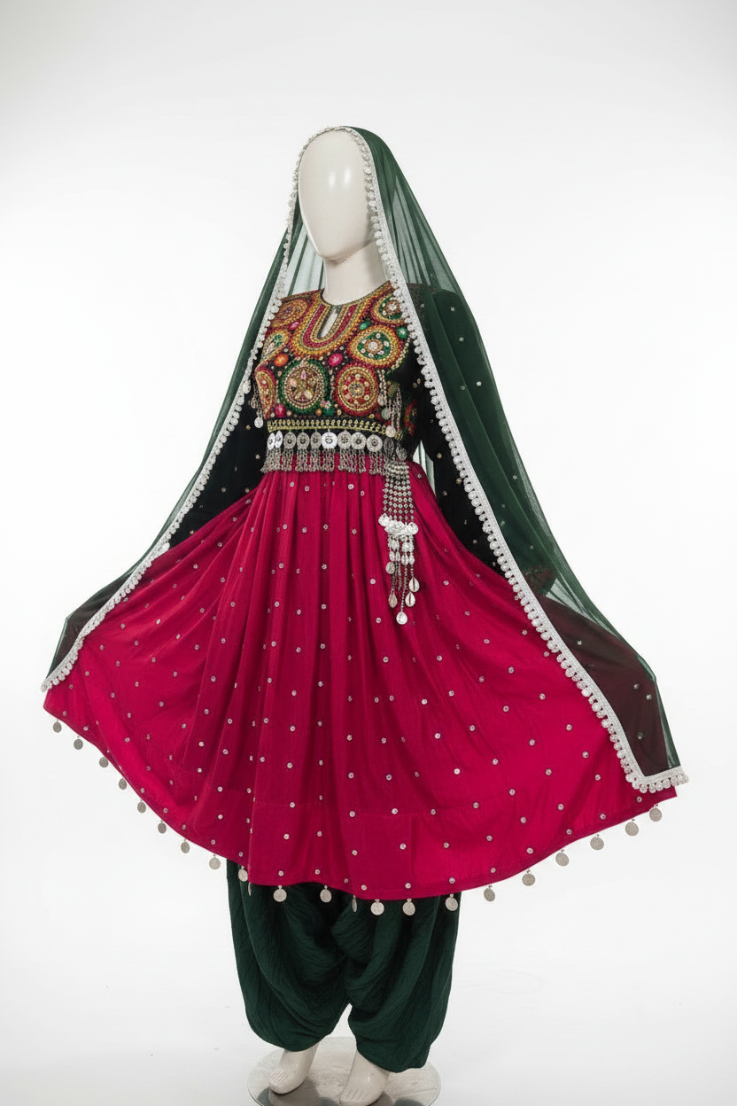 Afghan bridal dress crimson green studio right angle