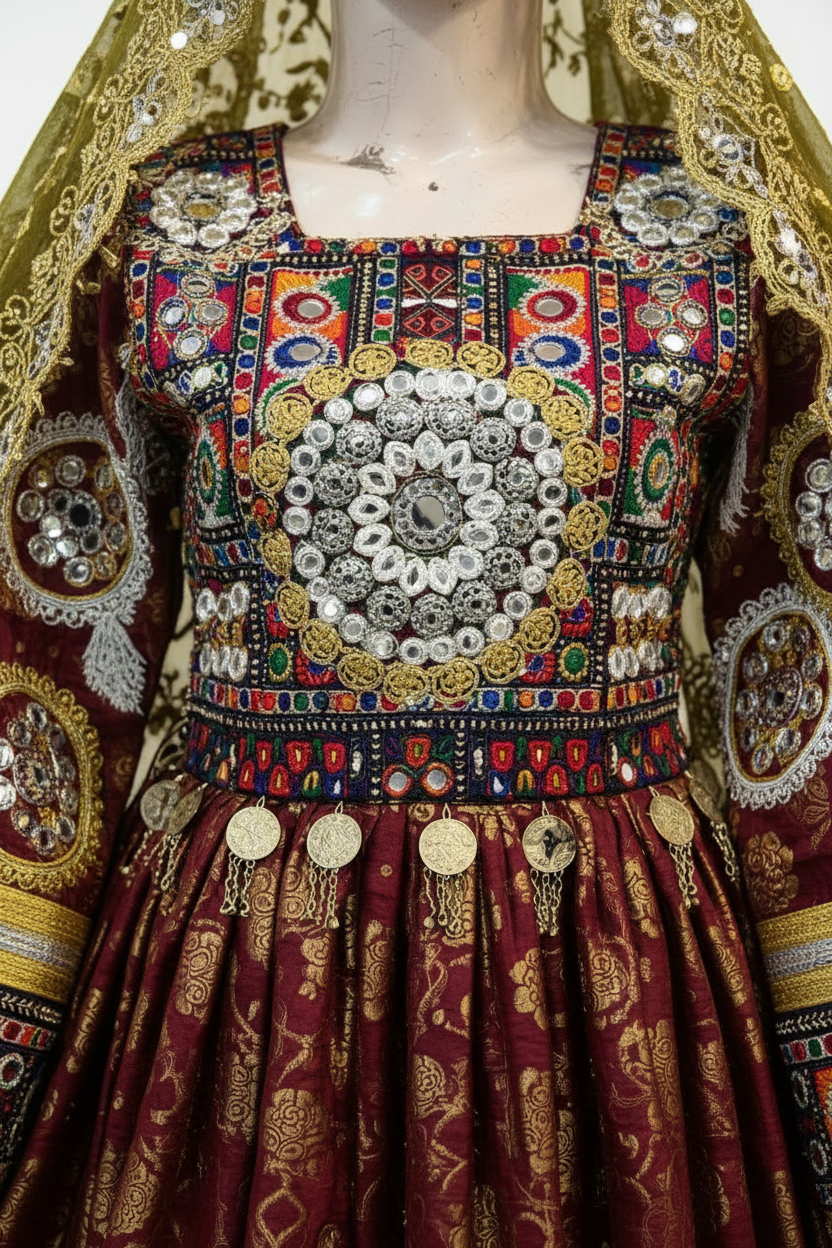 Afghan bridal dress maroon gold studio detail close-up