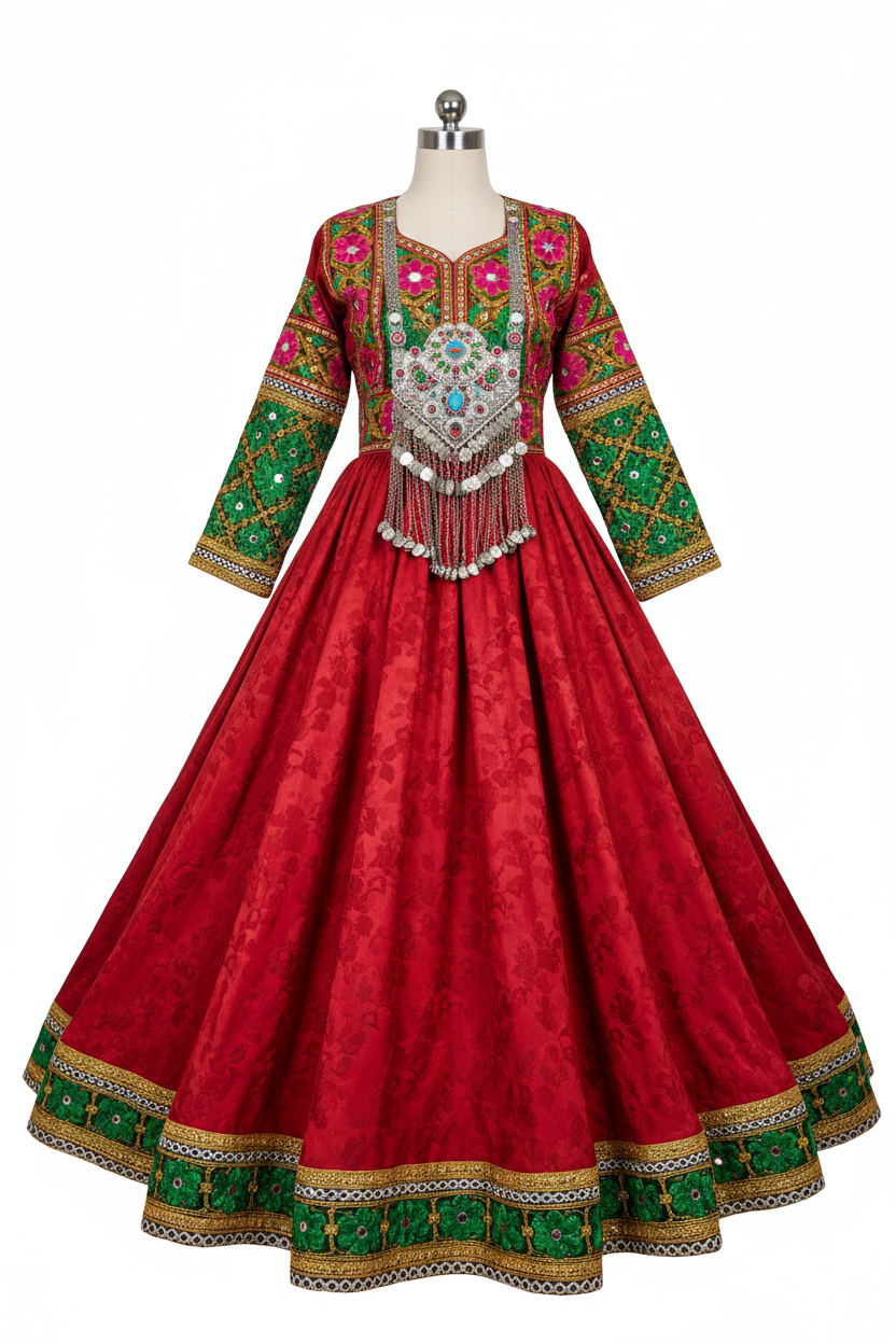 Afghan Kuchi Red Flared Dress - Front studio view