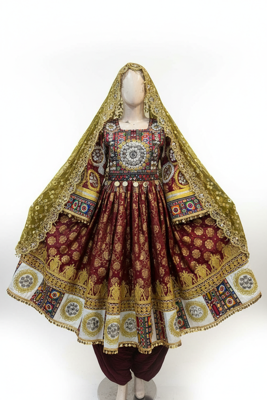 Afghan bridal dress maroon gold studio front view