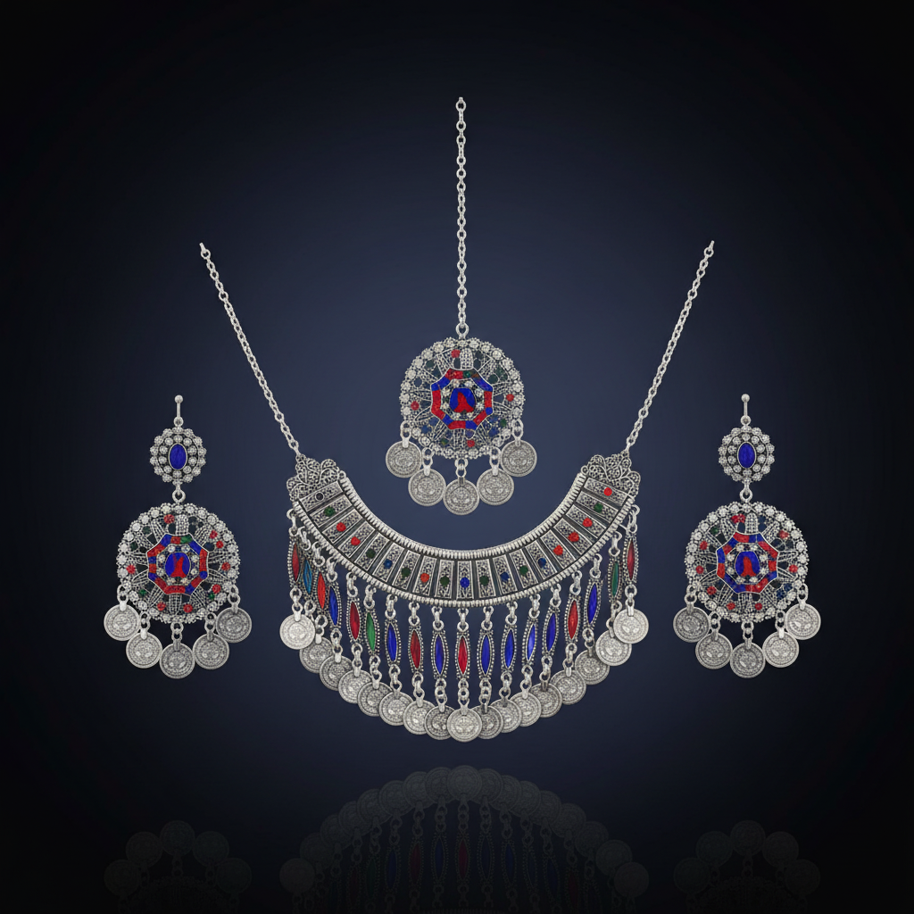 Afghan silver jewelry set – royal blue navy background