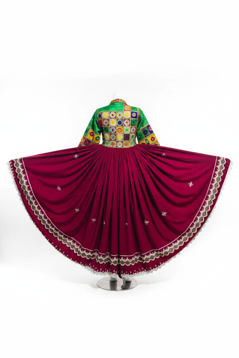Afghan Kuchi Magenta Flared Dress - Back studio view