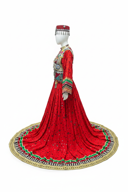 Afghan Kuchi Red Circular Flared Dress - Side studio view