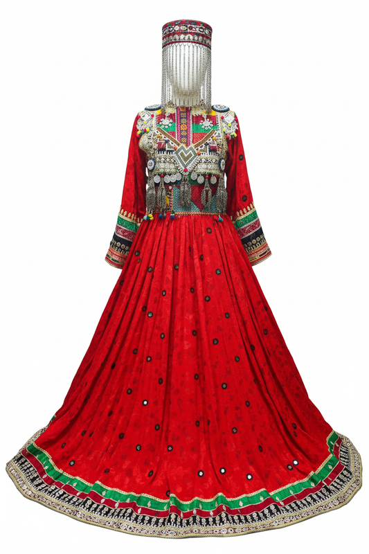 Afghan Kuchi Red Circular Flared Dress - Front studio view