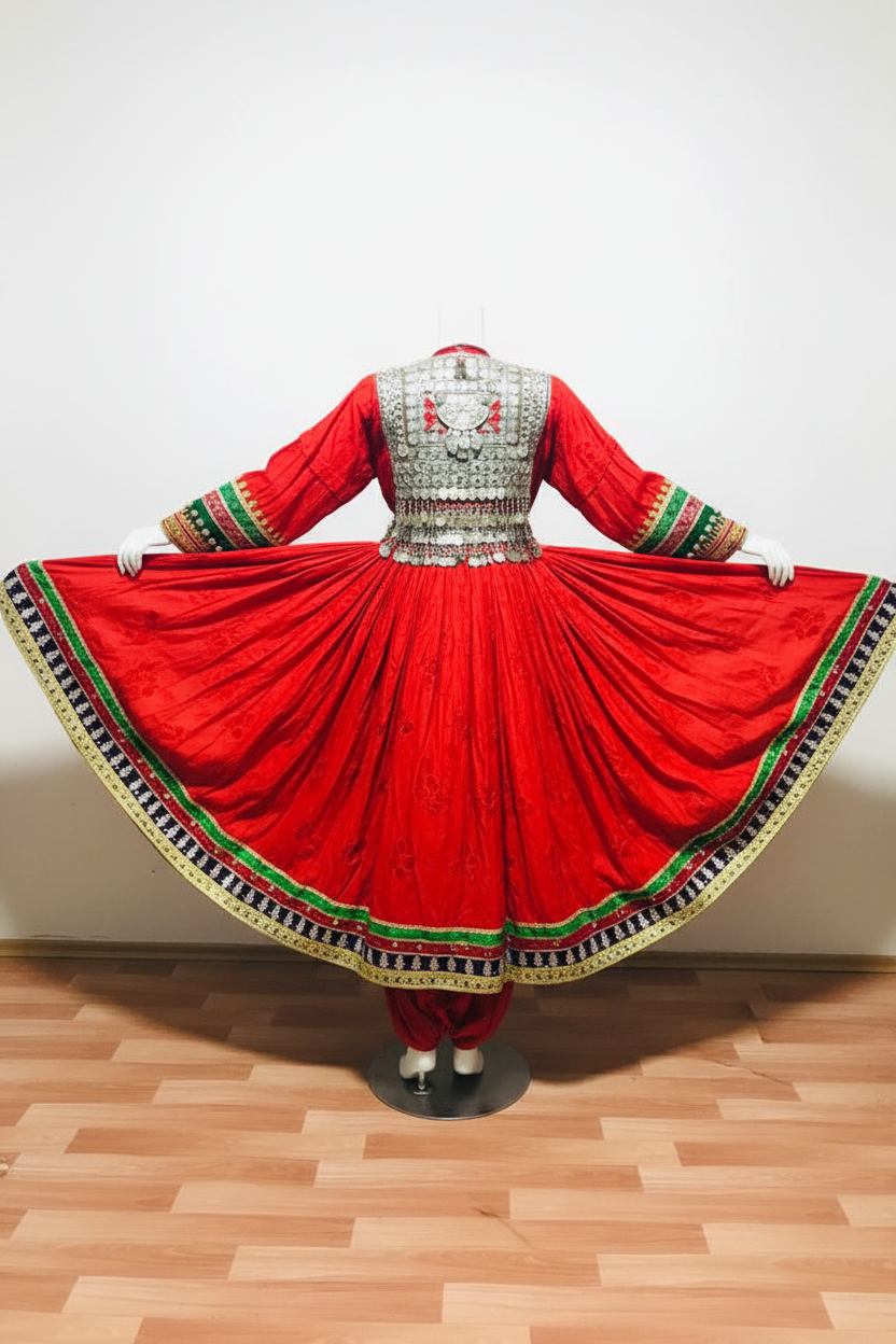 Afghan Kuchi Red Flared Dress - Back studio view