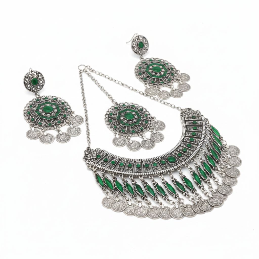 Afghan silver jewelry set – emerald green white background