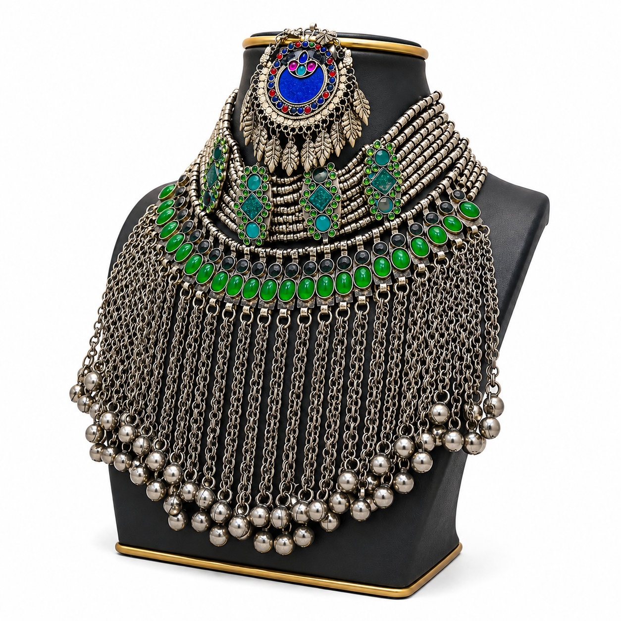 Traditional Afghan Tribal Statement Necklace – Green Stone Handmade Jewelry